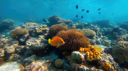 Vibrant coral reef with colorful fish swimming among diverse marine life, showcasing beauty of underwater ecosystems. scene is lively and full of natural wonder