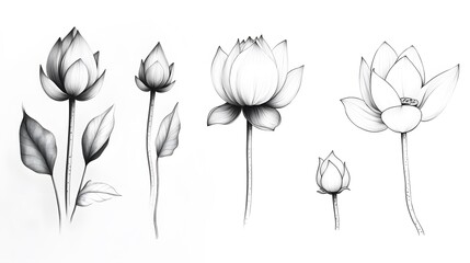 Obraz premium A Pen and Ink Illustration of Lotus Flowers and Buds