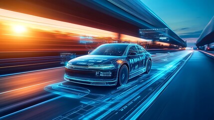 Fototapeta premium Self-driving car cruising on a tech-enhanced highway at dawn, digital elements hovering around showing real-time vehicle diagnostics, speed, and traffic conditions, warm sunlight breaking through,