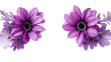 A pair of purple flowers adjacent on a pink backdrop, framed by white and purple backgrounds