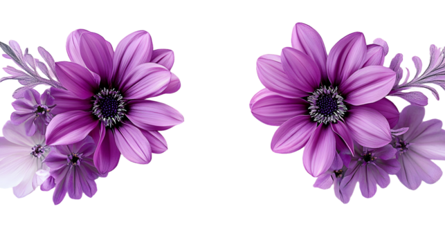 A pair of purple flowers adjacent on a pink backdrop, framed by white and purple backgrounds