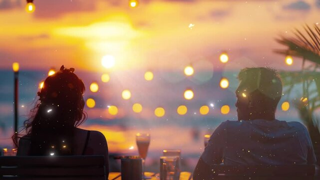 friends watching sunset at a restaurant beach seamless looping overlay 4k virtual video animation background