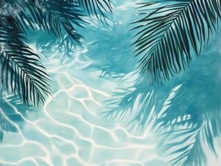 2408 54.A tranquil scene showcasing a clear blue water surface from above, where soft ripples create a rhythmic texture. The shadows of palm leaves gracefully overlay the water, enhancing the