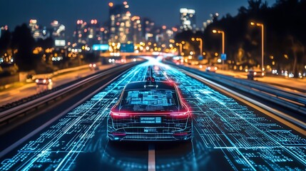 Fototapeta premium Self-driving car driving on a futuristic highway, holographic data displays indicating speed and navigation, smart road design with LED patterns, advanced cityscape in the background.