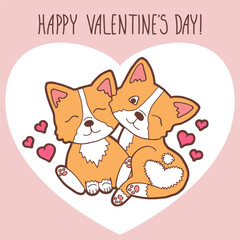 Cute doodle corgis in love. Happy Valentines Day card with two puppies corgi. 