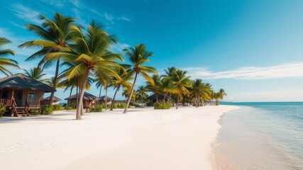 Fototapeta premium Tropical Beach Paradise at Dusk - Low Light Photography of Bungalows and Coconut Trees