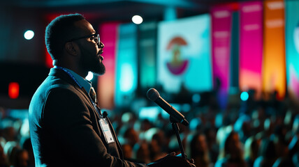 A keynote speaker at the Global Braille Accessibility Conference addressing a diverse audience, with banners promoting inclusivity and accessibility in the background. Ai generated