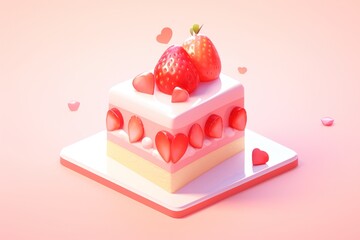 A Pink and White Cake Decorated with Strawberries and Hearts