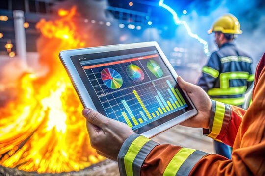 Firefighter monitoring data on tablet technology and artificial intelligence in action - Powered by Adobe