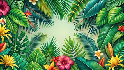 Tropical background with colorful green leaves in the shape of a palm tree and summer flowers