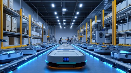 High-tech warehouse with a high level of electronics, equipped to store and sort goods