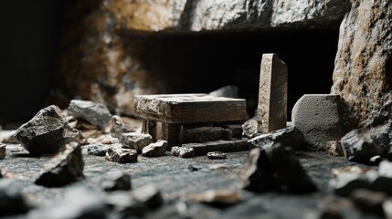Fototapeta premium A close-up view of scattered stones and ruins in a dimly lit environment.