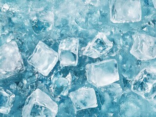Obraz premium 2408 91.An artistic representation of an icy surface, featuring a soft blue background covered in frost and scattered ice cubes. The cubes vary in size and shape, glistening under ambient light. The