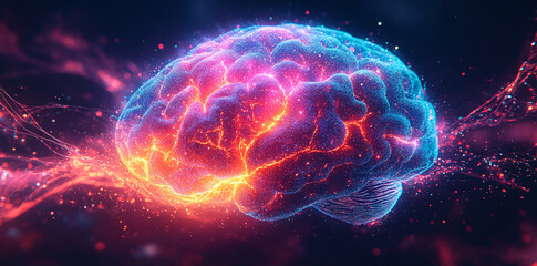 Naklejka premium Vibrant human brain radiating energy and light against a deep black background, carefully illuminated with neon colors, featuring luminous tendrils of light extending outward,...