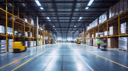Fototapeta premium Long exposure of modern warehouse interior with motion blur of workers and machinery