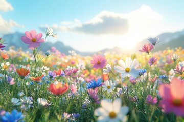 Obraz premium Field of wildflowers swaying gently in the wind, bright natural light, ultrarealistic detail of colorful petals and nature s open beauty