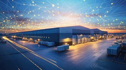 Modern logistics warehouse building structure. AI technology generated image   