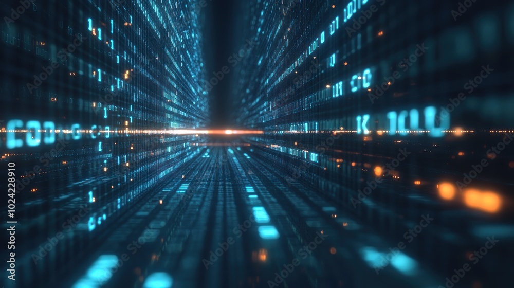 Poster a digital tunnel of flowing binary code, representing data transfer and technology.