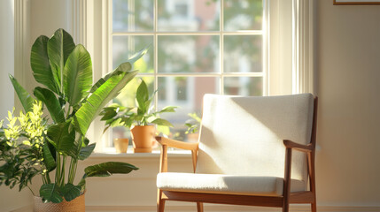 Fototapeta premium A cozy interior scene featuring stylish chair beside large leafy plant, illuminated by natural light streaming through window. warm atmosphere invites relaxation and comfort