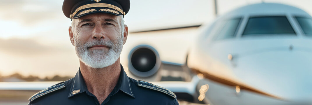 Experienced pilot stands confidently in front of private jet, showcasing professionalism and dedication to aviation. sunset backdrop adds warm, inspiring atmosphere