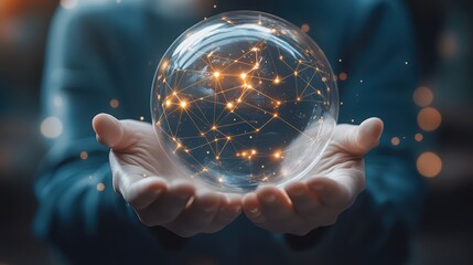 Fototapeta premium Pair of hands holding a transparent globe with digital connections and nodes superimposed over it, representing a network, global communication