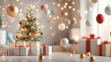 A beautifully decorated Christmas tree stands amidst festive ornaments and gifts, creating warm and joyful atmosphere perfect for holiday season