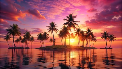 tropical island sunset with palm trees and pink sky forced perspective