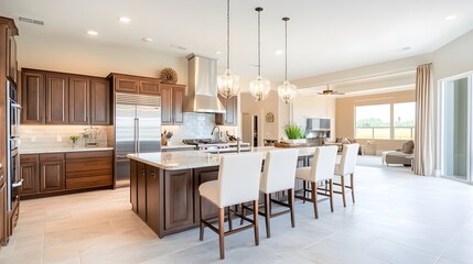 A large family kitchen with a spacious island, barstool seating, and stainless steel appliances
