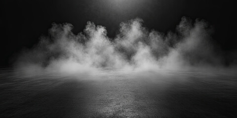 Abstract black background with fog and smoke on the floor, dark room. Background for product presentation in the studio lighting. 