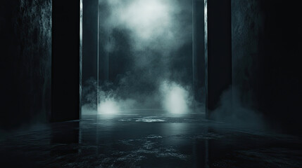 Abstract black background with smoke, mist, and volumetric light on the asphalt floor. Empty scene for product display presentation in a dark studio room