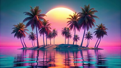 Tropical island with palm trees in vaporwave style
