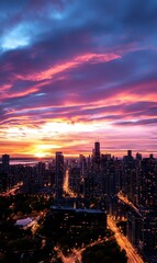 Fototapeta premium vibrant sunset over city skyline with colorful clouds mobile phone wallpaper