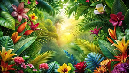 Tropical jungle background with colorful exotic flowers Extreme Close-Up