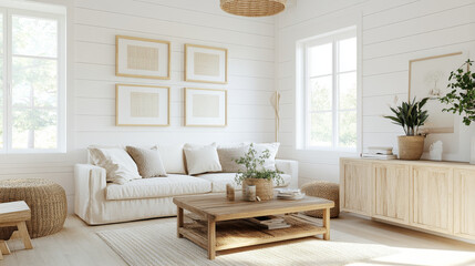 A bright and airy living room featuring cozy white sofa adorned with soft cushions, wooden coffee table, and natural decor elements. space is enhanced by large windows allowing ample sunlight, creatin