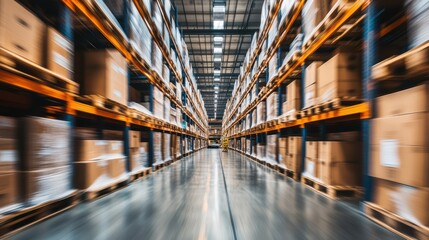 Retail warehouse full of shelves with goods in cartons, with pallets and forklifts. Logistics and transportation blurred background. Product distribution center.