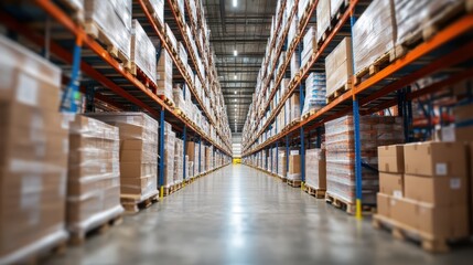 Retail warehouse full of shelves with goods in cartons, with pallets and forklifts. Logistics and transportation blurred background. Product distribution center.