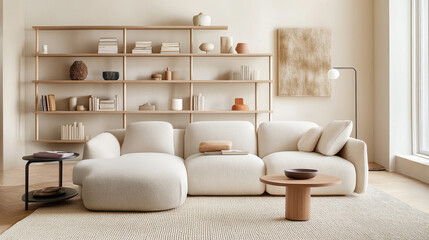 A modern living room featuring stylish beige sofa, minimalist decor, and wooden shelf filled with various decorative items. warm tones create cozy atmosphere