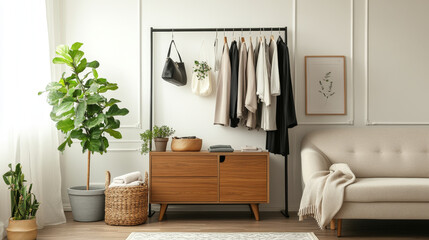 A stylish and modern living space featuring clothing rack with various garments, cozy sofa, and decorative plants. warm tones and minimalist design create welcoming atmosphere