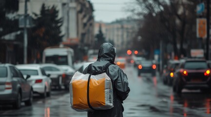 Fototapeta premium Delivery Worker on Rainy Day in the City