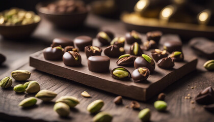 Elegantly crafted chocolates with pistachios on a rustic board, ideal for display.
