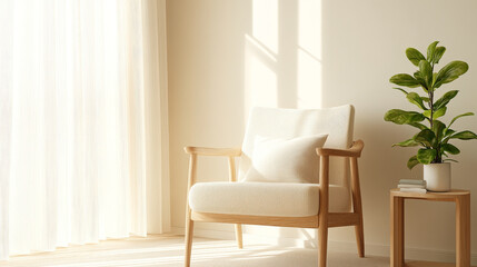 A cozy armchair bathed in soft sunlight, accompanied by potted plant and side table, creates serene and inviting atmosphere in minimalist room
