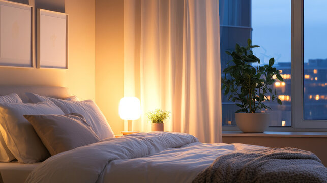A cozy bedroom scene featuring neatly made bed with soft pillows and warm lamp illuminating space. potted plant adds touch of nature, creating serene atmosphere