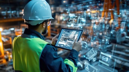 Smart Construction Project management system concept, Engineer using a digital tablet on a construction site.