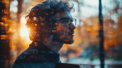 A man in glasses looks out a window with the setting sun in the background. The city is superimposed over his face.