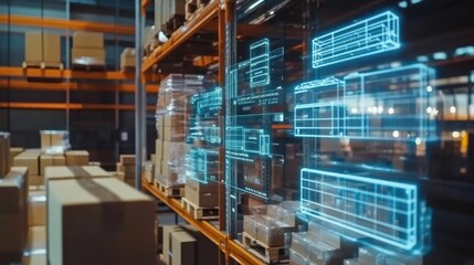 Smart warehouse management system using augmented reality technology to identify package picking and delivery . Future concept of supply chain and logistic business