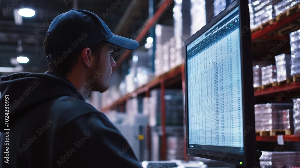Poster warehouse worker viewing a spreadsheet on a computer screen at factory.