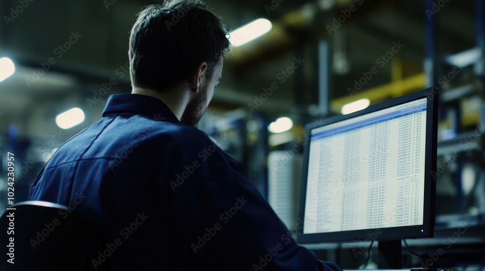 Poster warehouse worker viewing a spreadsheet on a computer screen at factory.