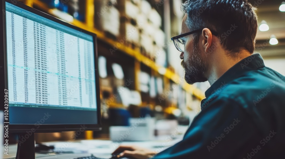 Poster warehouse worker viewing a spreadsheet on a computer screen at factory.