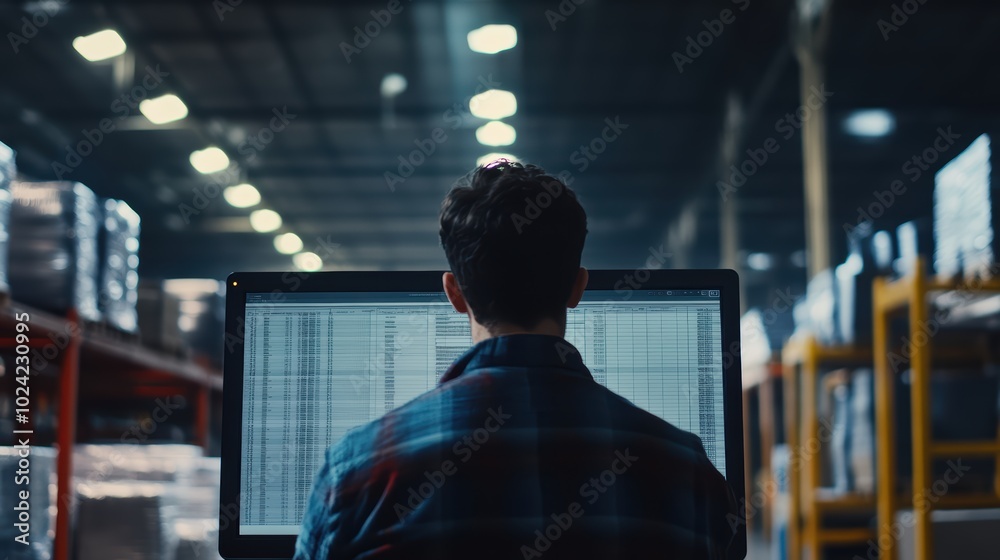 Poster warehouse worker viewing a spreadsheet on a computer screen at factory.