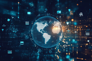 Obraz premium Digital Earth surrounded by icons representing different forms of communication